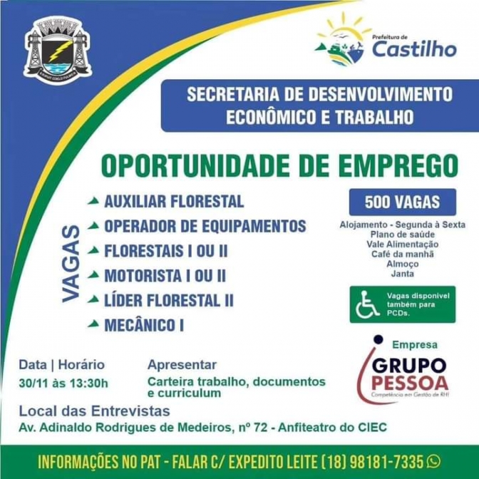Oportunidade de emprego: Desenvolvimento Econômico de Castilho atrai empresa com oferta de 500 empregos
