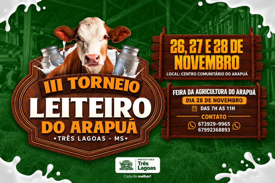 Prefeitura de Três Lagoas realizará 3º Torneio Leiteiro do Arapuá de 26 a 28 de novembro