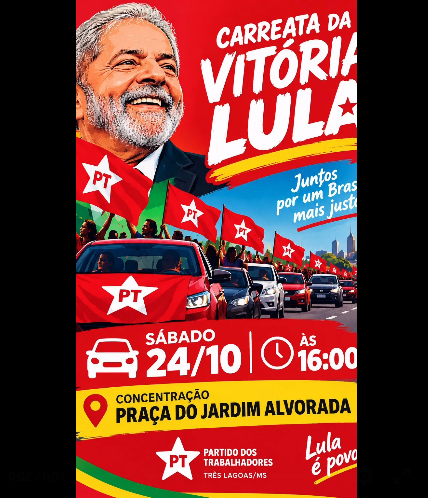 PT de Três Lagoas organiza carreata em apoio ao Presidente Lula neste sábado à tarde