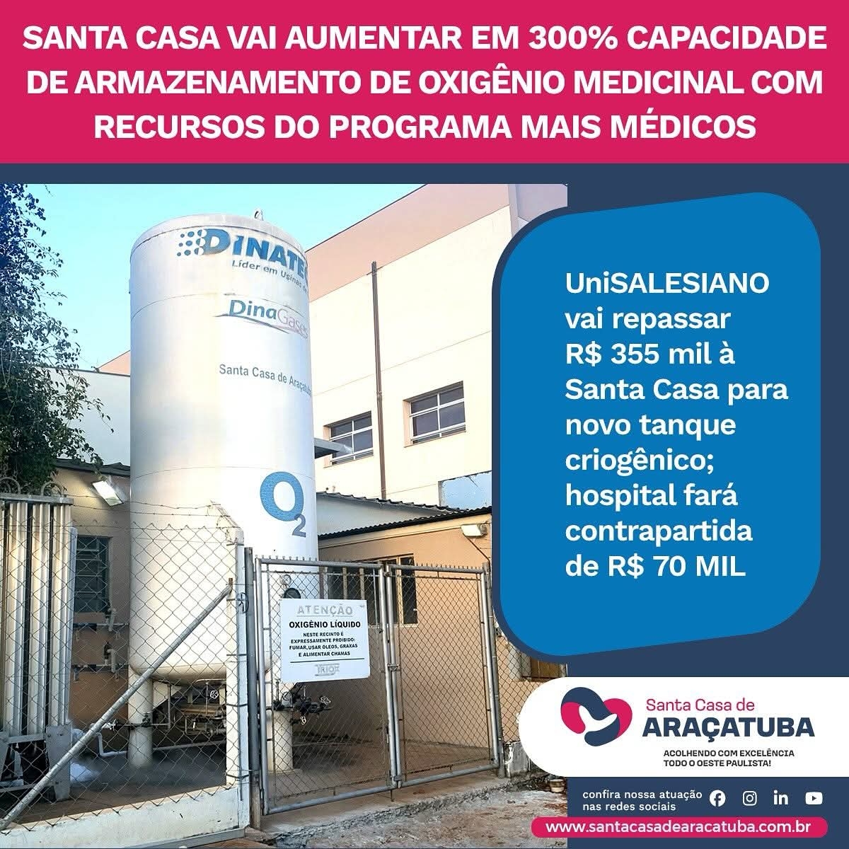 Santa Casa de Araçatuba vai aumentar em 300% o oxigênio medicinal com apoio da Unisalesiano