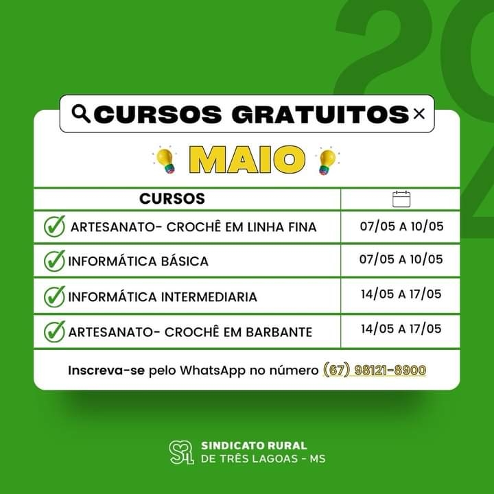 Sindicato Rural de Três Lagoas tem cursos gratuitos para mês de maio