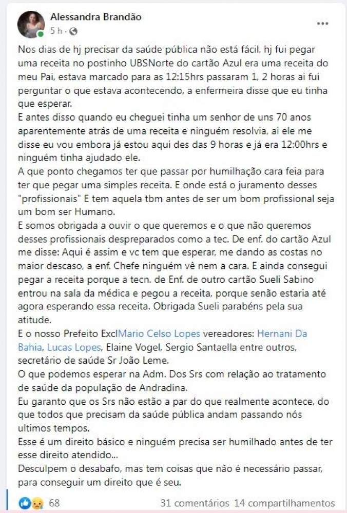 Andradinense desabafa sobre descaso dos funcionários na UBS