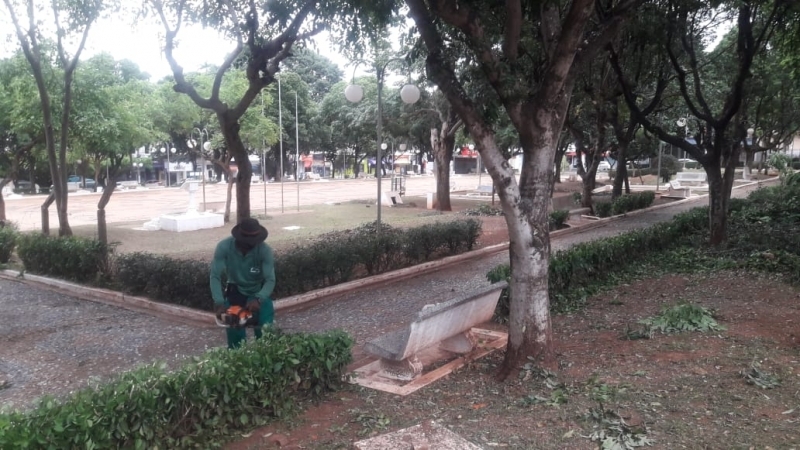 Revoadas: Novo Governo de Andradina faz poda e limpeza da praça Moura Andrade