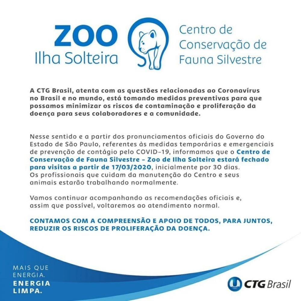 Zoológico de Ilha Solteira fecha para visitas devido ao Covid-19