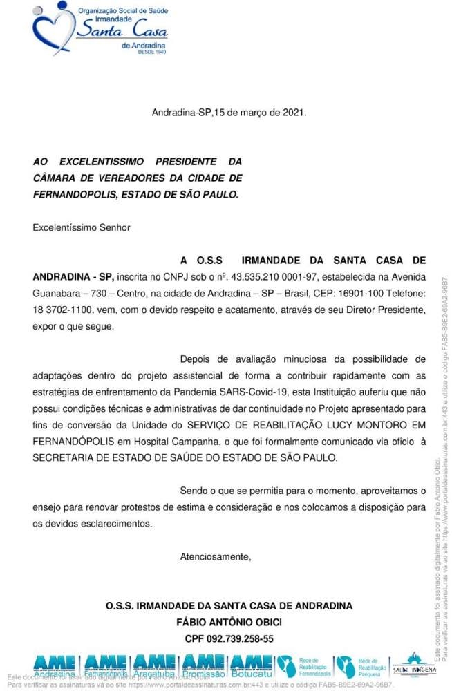 OSS de Andradina informa não ter condições de transformar unidade Lucy Montoro de Fernandópolis em Hospital de Campanha