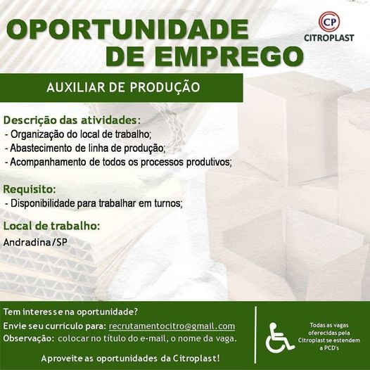 CITROPLAST DE ANDRADINA TEM VAGA DE AUXILIAR DE PRODUÇÃO