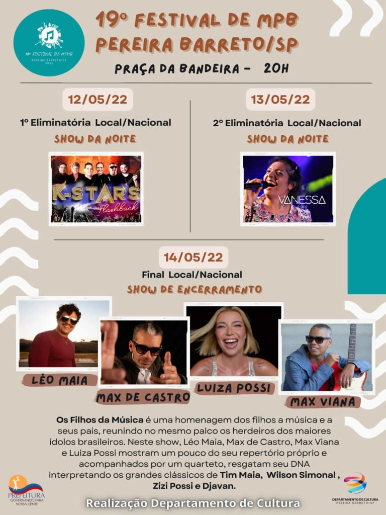 31 artistas vão se apresentar no 19º Festival de MPB de Pereira Barreto – evento acontece nos dias 12, 13 e 14 de maio