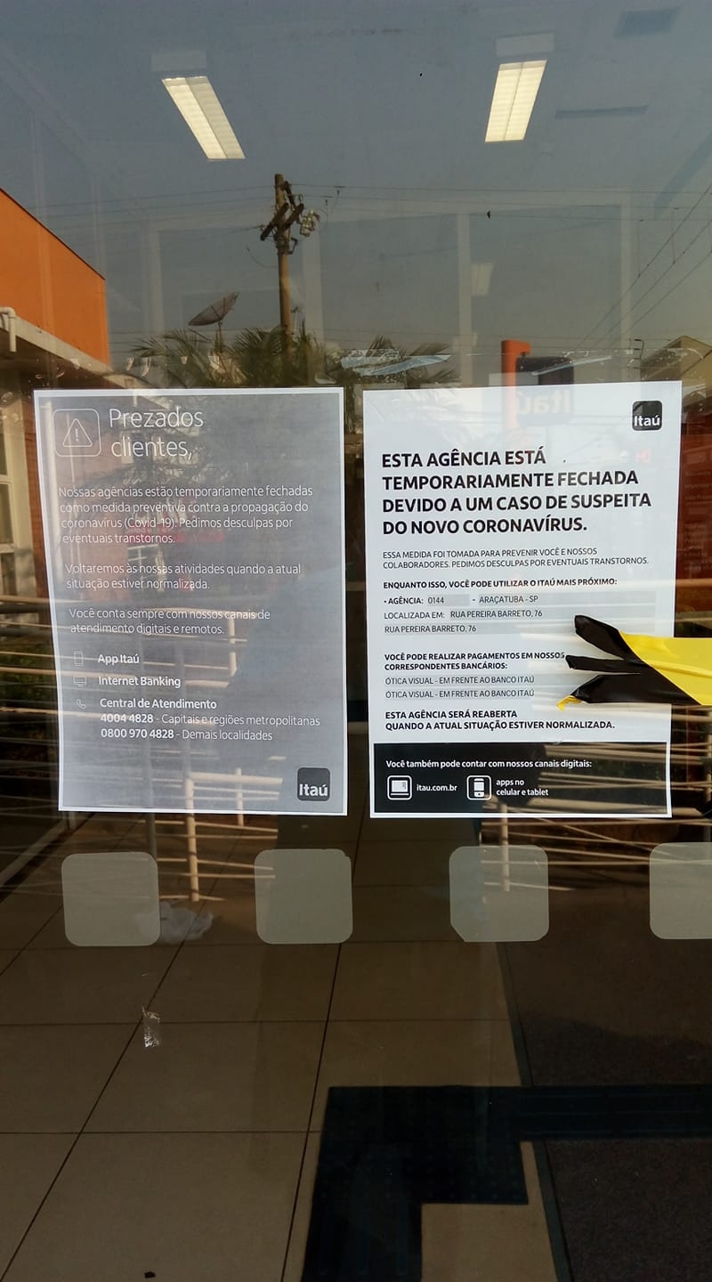 Banco Itaú de Andradina está fechado temporariamente por suspeita de covid-19 em funcionário