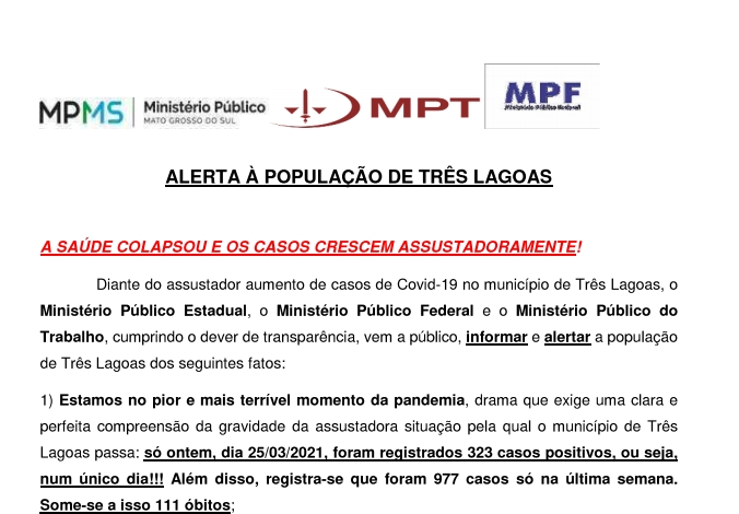 MPMS emite alerta após colapso na saúde de Três Lagoas