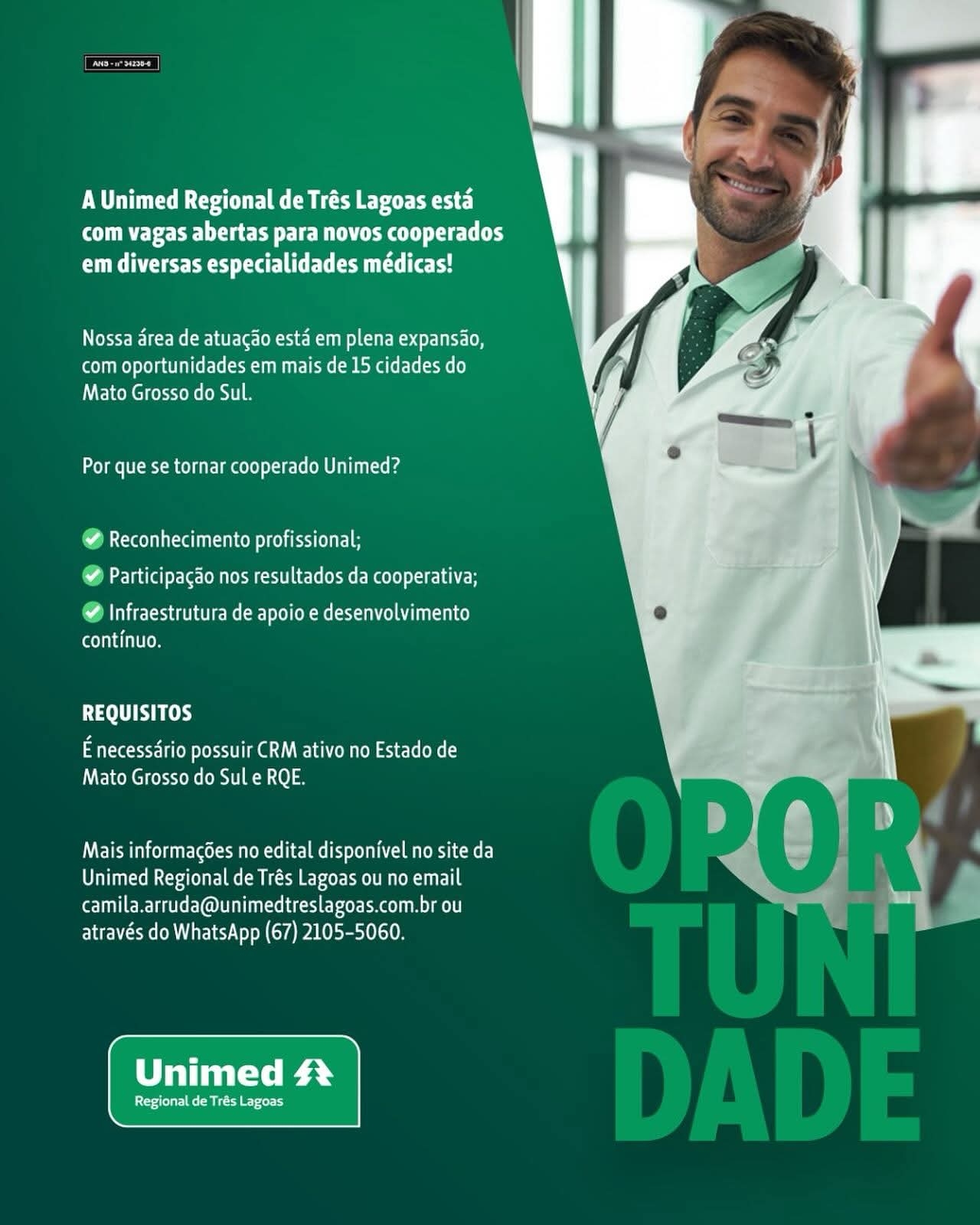 UNIMED TRÊS LAGOAS LANÇA PROCESSO SELETIVO PARA NOVOS MÉDICOS COOPERADOS