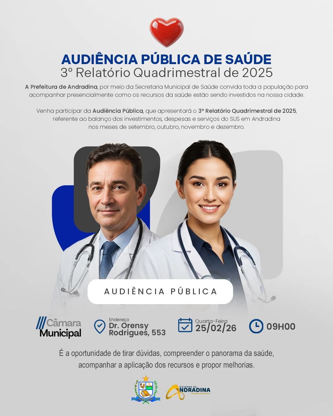 AUDIÊNCIA PÚBLICA VAI APRESENTAR 3º RELATÓRIO QUADRIMESTRAL DA SAÚDE EM ANDRADINA