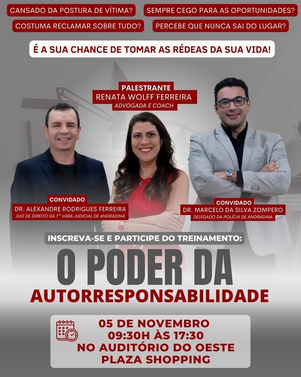 Andradina terá curso dia 5 de novembro sobre “O poder da autorresponsabilidade”