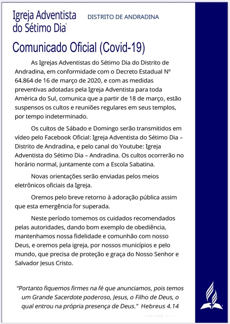 Igreja Adventista de Andradina suspende cultos em templos: Transmissão vai ser online