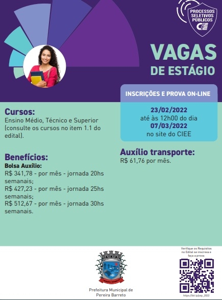 Prefeitura de Pereira Barreto abre vagas de estágio para estudantes do Ensino Médio, Técnico e Superior