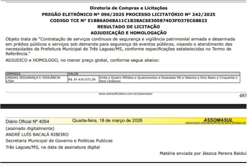 Prefeitura de Três Lagoas fecha contrato de 24 milhões para Unidas Vigilância e Segurança
