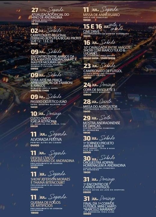PROGRAMAÇÃO DO ANIVERSÁRIO DE 85 ANOS DE ANDRADINA