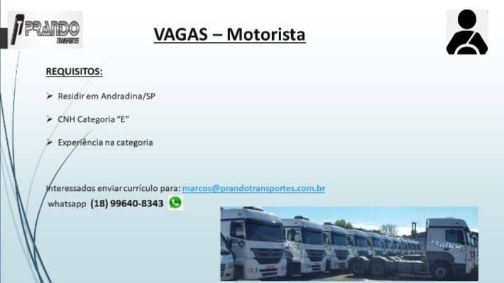 EM ANDRADINA PRANDO TRANSPORTE CONTRATA MOTORISTA