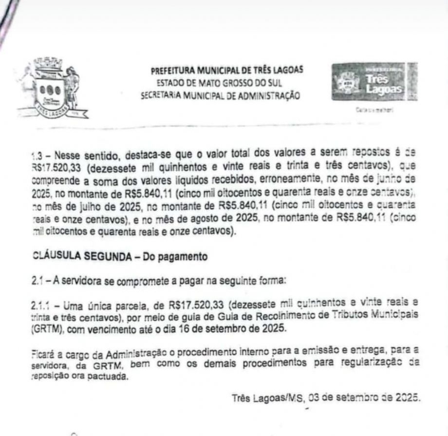 Possível falha administrativa leva à devolução de valores aos cofres públicos da Prefeitura de Três Lagoas