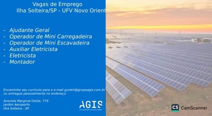 Oportunidade de emprego na Usina Fotovoltaica em Ilha Solteira