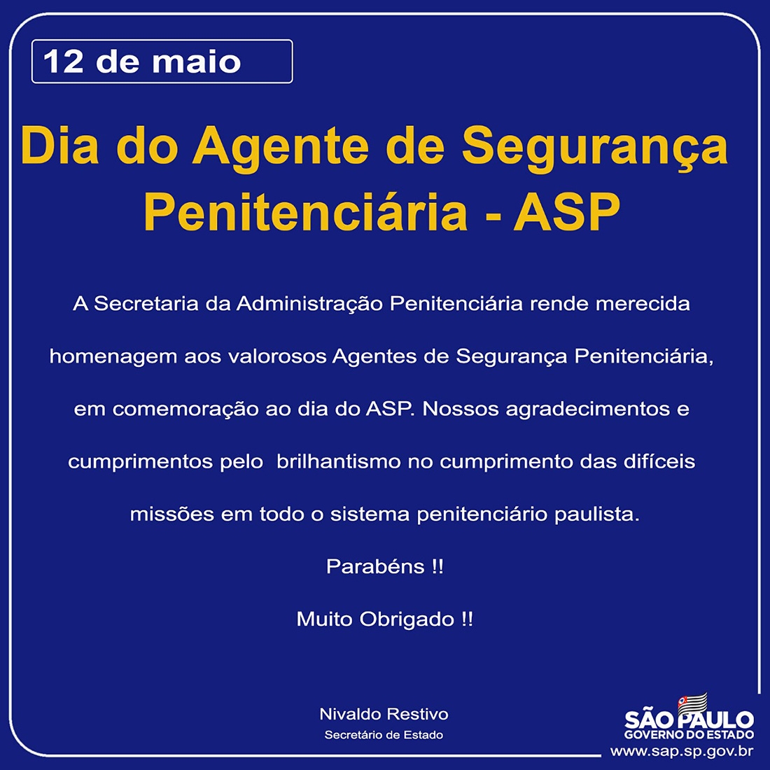Mensagem do Secretário em Homenagem ao Dia do Agente de Segurança Penitenciária - ASP