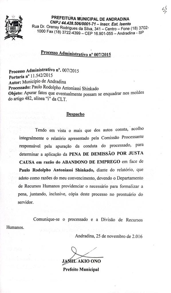 Prefeito de Andradina e vereadores descumprem lei municipal ao nomear condenado