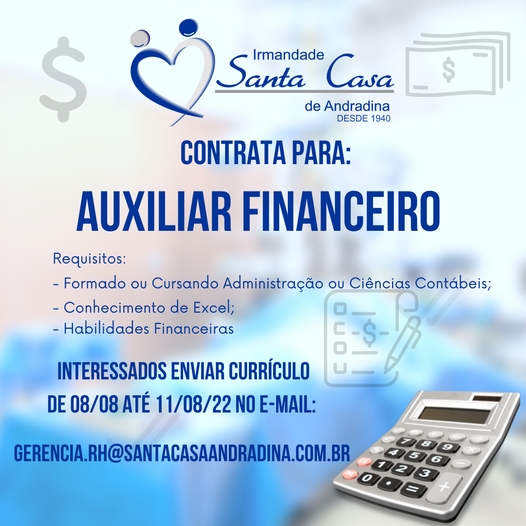SANTA CASA DE ANDRADINA CONTRATA AUXILIAR FINANCEIRO