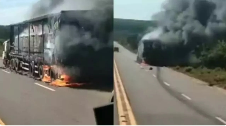 Carreta fica destruída por incêndio com explosões na rodovia BR-158 em Três Lagoas