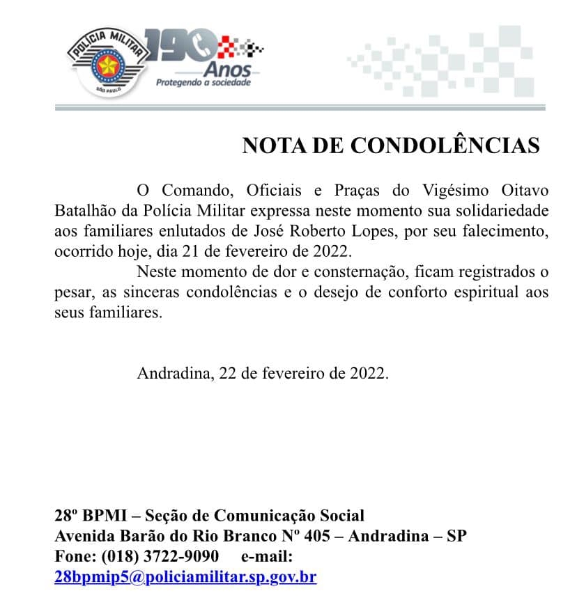 28º BPM/I DE ANDRADINA NOTA DE CONDOLÊNCIAS PARA FAMÍLIA DE JOSÉ ROBERTO LOPES