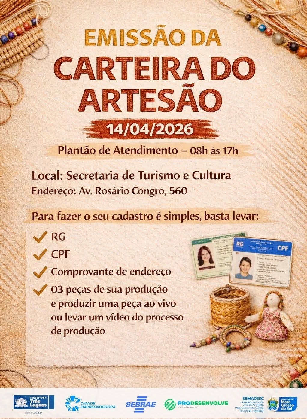 Mutirão vai emitir Carteira do Artesão gratuitamente em Três Lagoas no dia 14 de abril