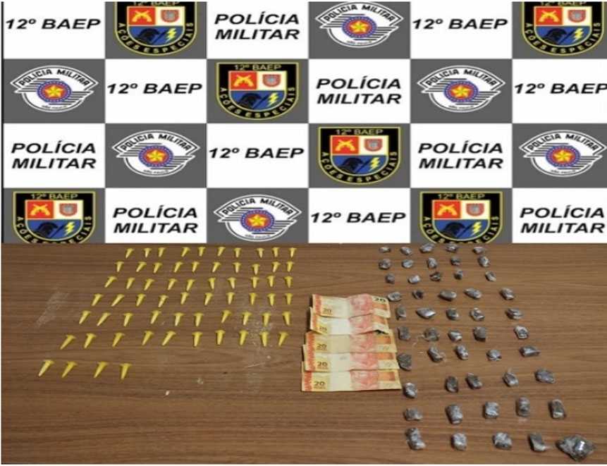 BAEP de Araçatuba prendeu jovem com 64 pinos de cocaína e 50 porções de maconha, alvo de combate bairro Águas Claras