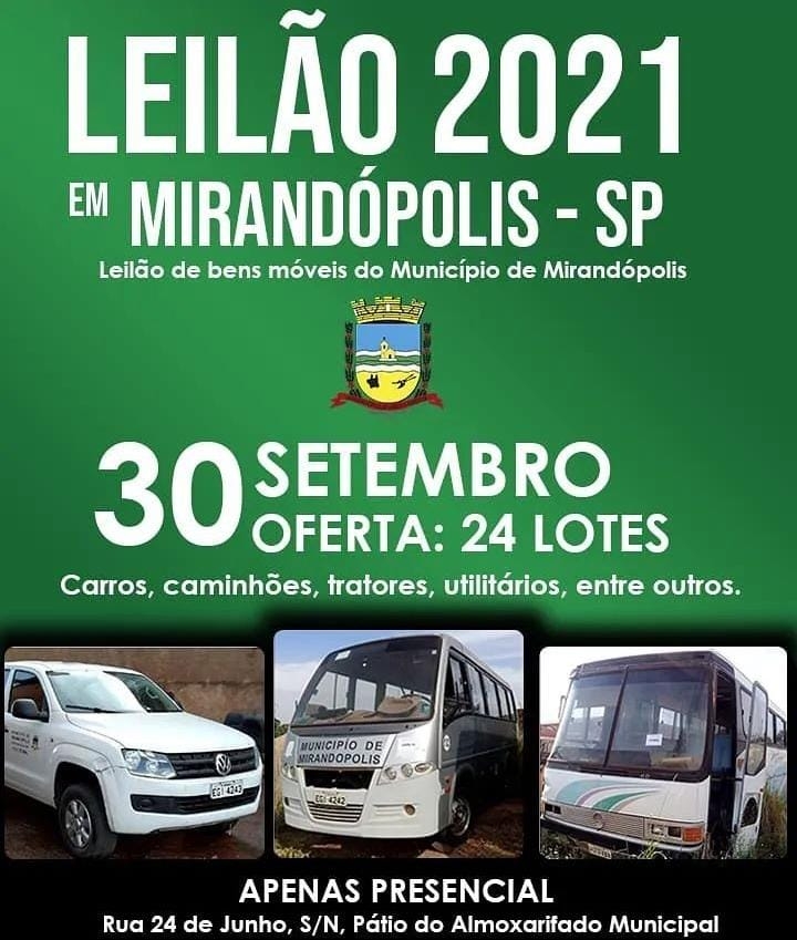 Prefeitura de Mirandópolis promove leilão de bens móveis com 24 lotes no dia 30 de setembro