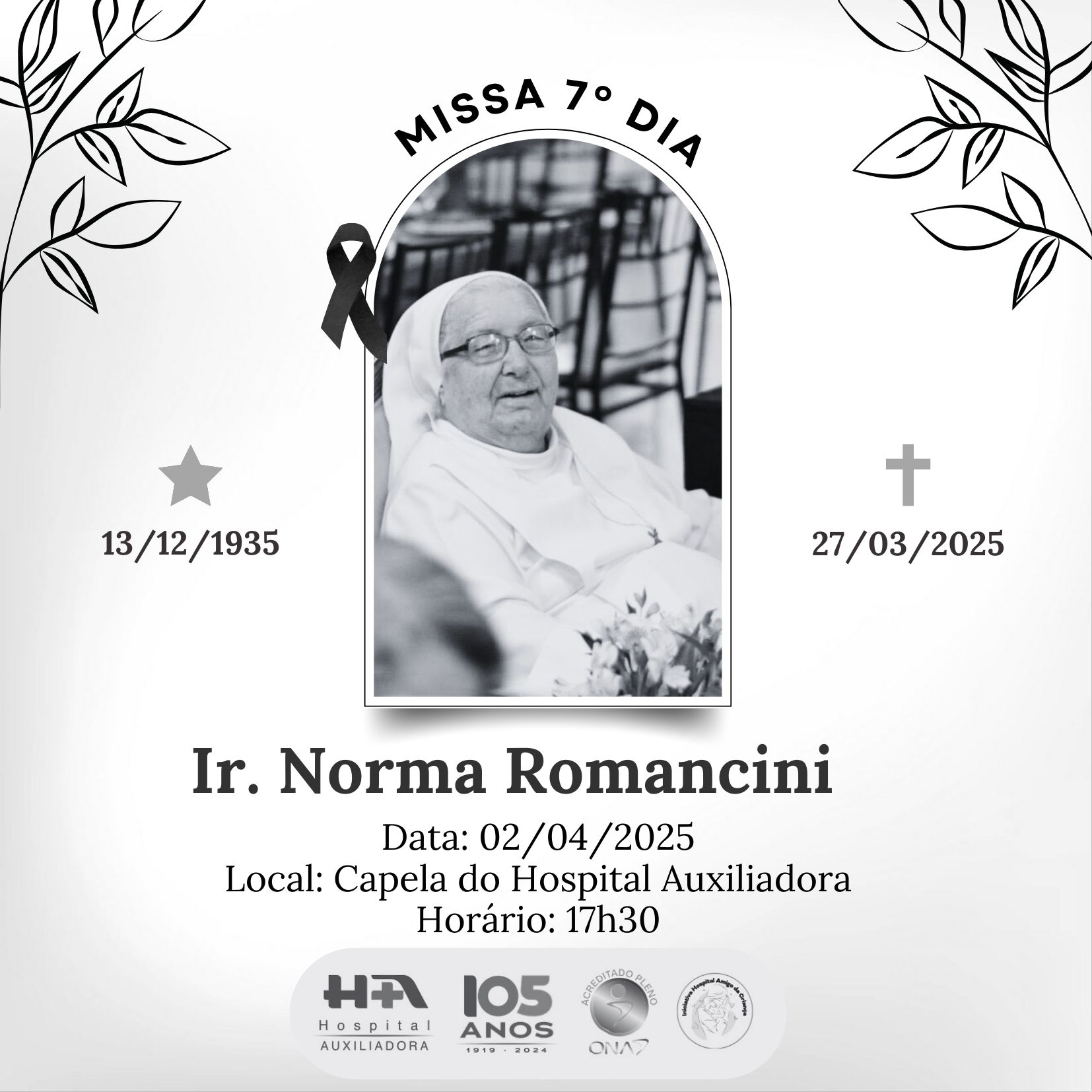 Em Três Lagoas Hospital Auxiliadora convida os moradores para Missa de 7º Dia da Irmã Norma Romancini