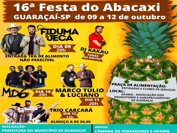 Festa do Abacaxi começa domingo com Fiduma & Jeca. Entrada será 1 kg de alimento