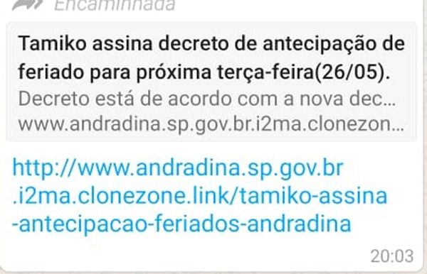 Fake News: Circula na Internet falsa notícia sobre antecipação de feriado em Andradina