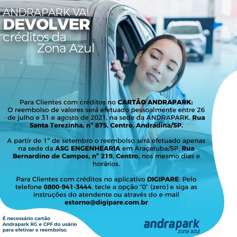 Andrapark vai promover a devolução de créditos da Zona Azul em Andradina