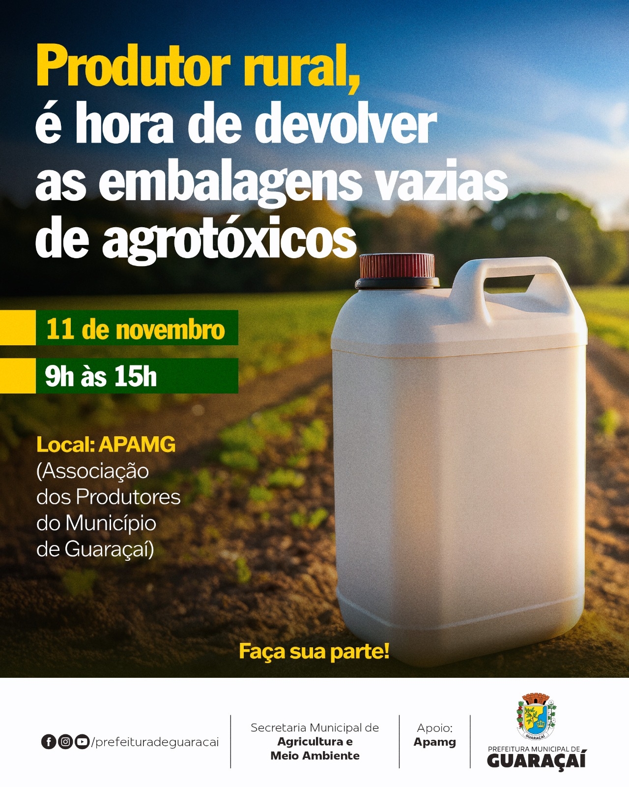 Guaraçaí coletará embalagens vazias de agrotóxicos na próxima terça-feira