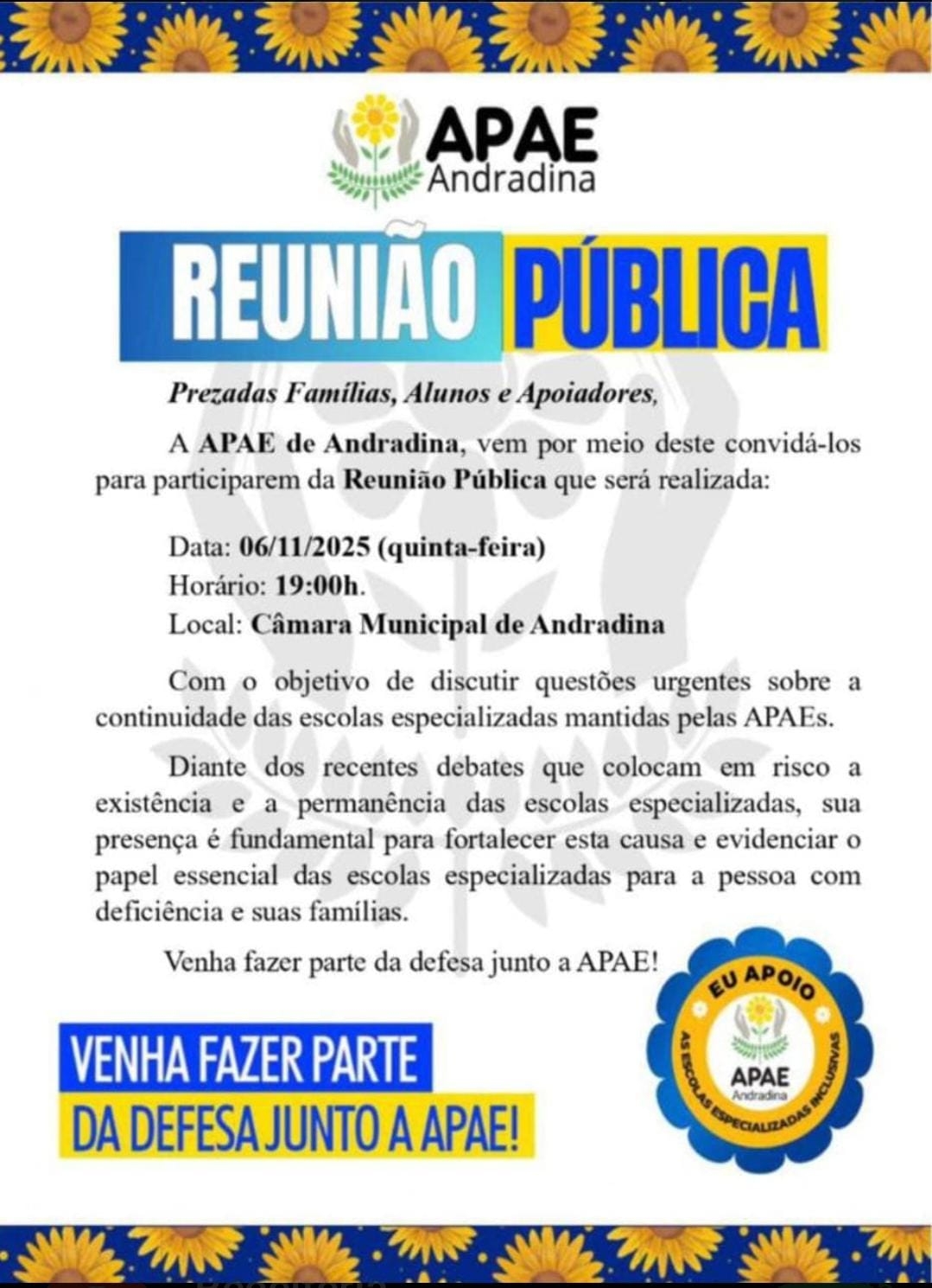 APAE ANDRADINA CONVOCA REUNIÃO PÚBLICA PARA A DEFESA DAS ESCOLAS ESPECIALIZADAS