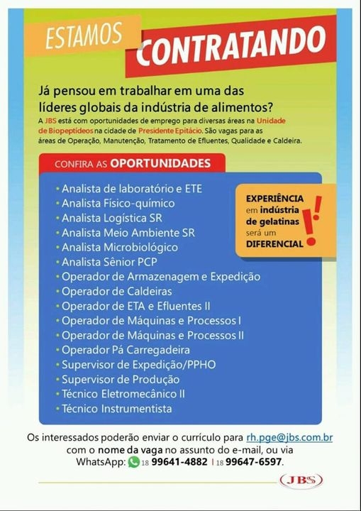 JBS de Presidente Epitácio tem vaga de emprego para várias funções