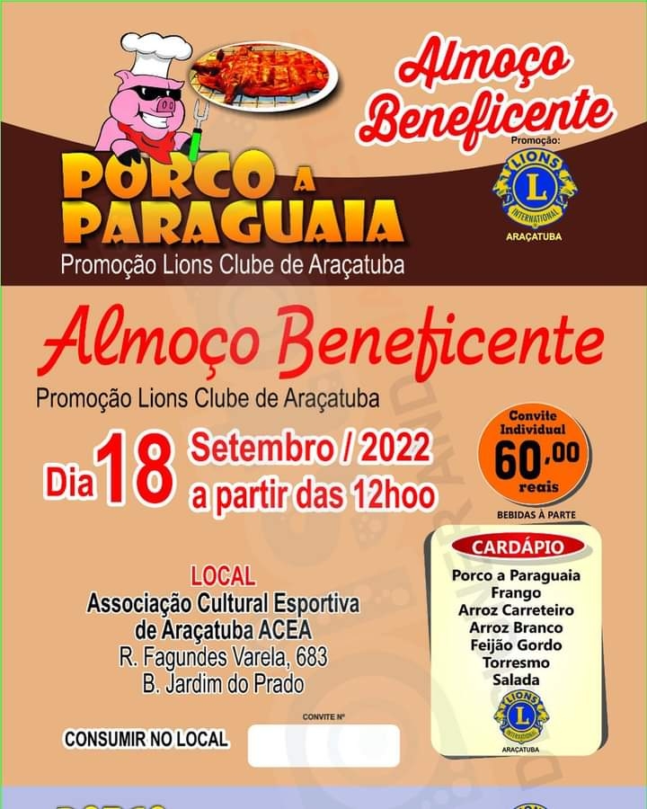 Lions Clube Araçatuba realizará a tradicional PORCO A PARAGUAIA