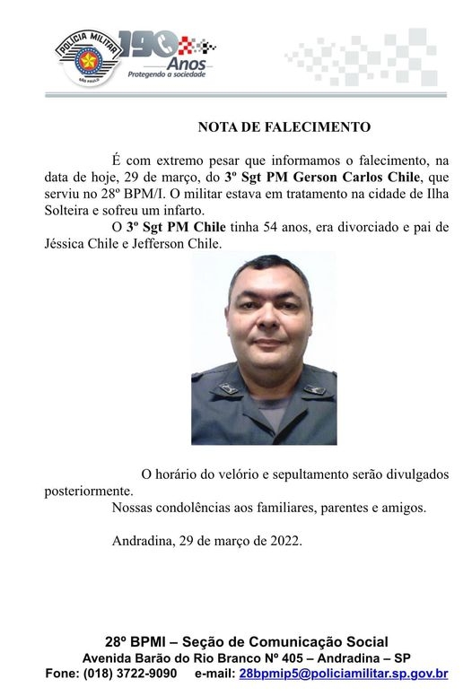 28º BPM/I de Andradina chora a morte do Sargento Gerson Carlos Chile vítima de infarto
