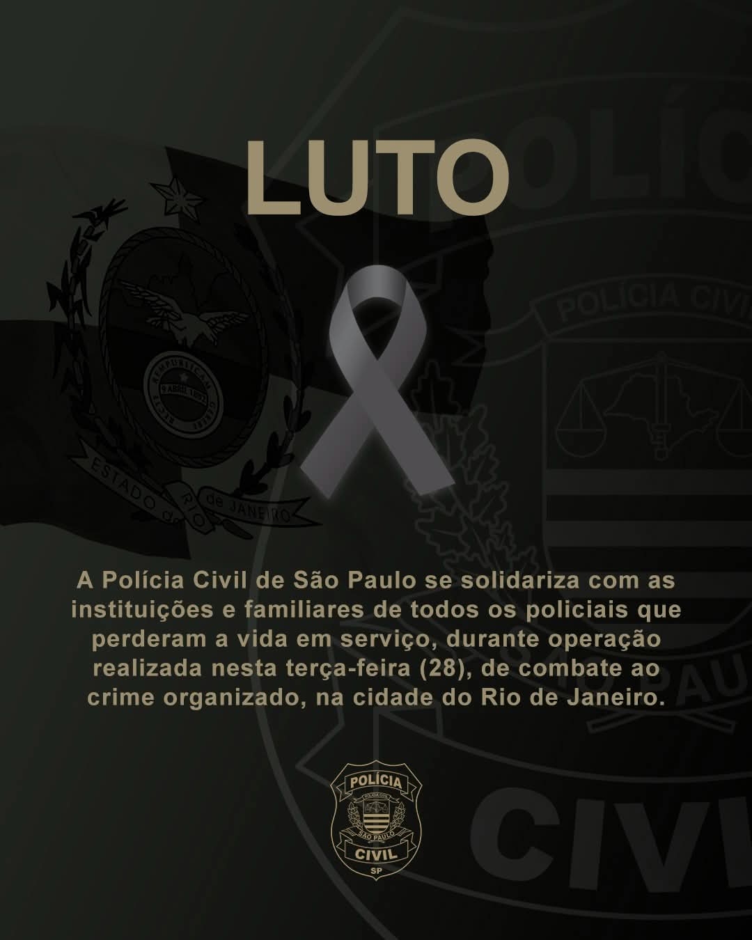 Polícia Civil de SP em luto pela morte de policiais no Rio de Janeiro