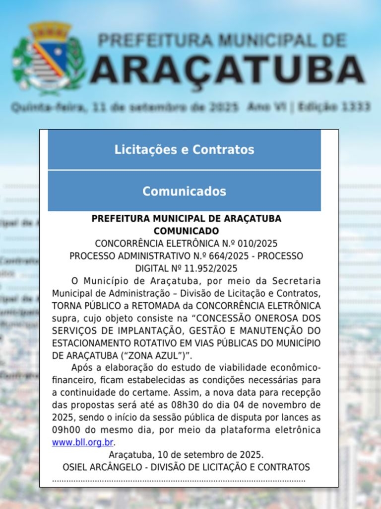 Prefeitura de Araçatuba reabre licitação de R$ 56 milhões para a zona azul