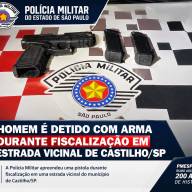 POLÍCIA MILITAR APREENDE PISTOLA DURANTE FISCALIZAÇÃO EM ESTRADA VICINAL DE CASTILHO/SP
