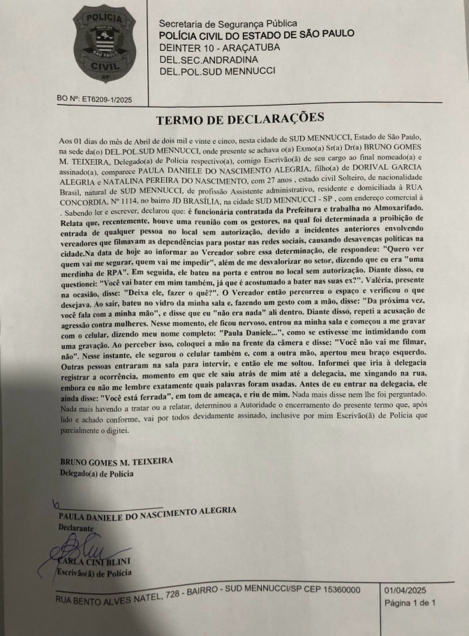 Polícia Civil de Sud Mennucci investiga servidora acusa vereador de agressão e de invasão ao almoxarifado