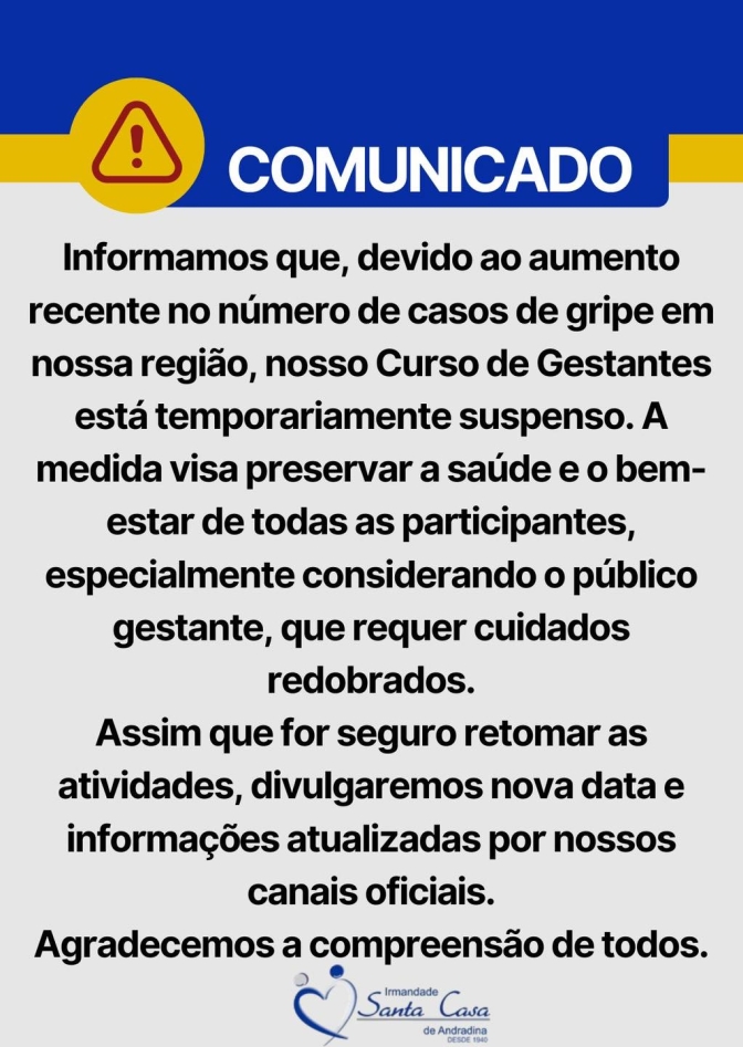 Santa Casa de Andradina suspende o curso de gestantes devido aumento de casos de gripe
