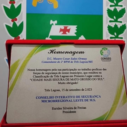 Comandante do 2° Batalhão da Polícia Militar de Três Lagoas é homenageado pelo CONSEG