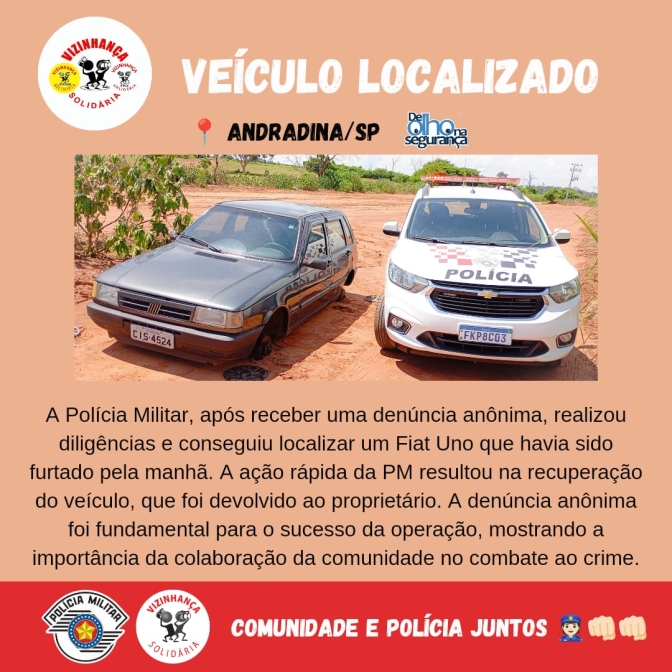 Polícia Militar de Andradina em ação rápida localiza veículo furtado no bairro rural Timboré