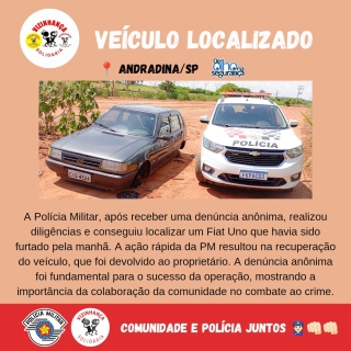 Polícia Militar de Andradina em ação rápida localiza veículo furtado no bairro rural Timboré